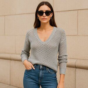 Theory Light Blue / Grey Open-Knit V-Neck Sweater | 100% Cotton | Size Medium